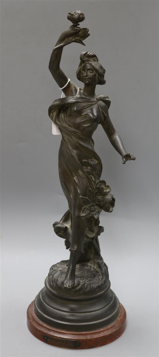 A spelter figure of a lady holding a rose Printemps, signed J. Calso height 51cm